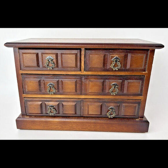 Vintage Brown Wood 4 Drawer Music Jewelry Box Chest Yellow Velvet 7"H x 10.5"L - Picture 2 of 11